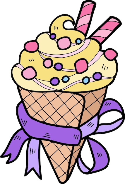 Illustrazione disegnata a mano del cono gelato alla vaniglia
