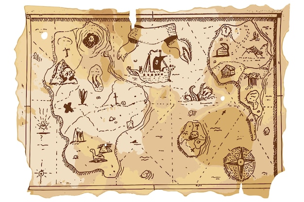 Illustrazione disegnata a mano del fumetto di vettore della mappa del tesoro