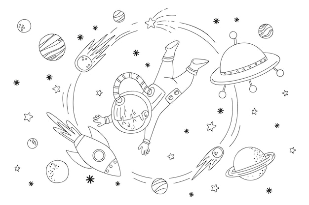 Illustrazione disegnata a mano del libro da colorare dell'astronauta