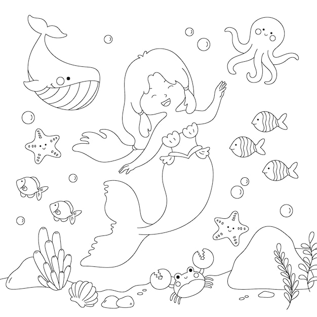 Illustrazione disegnata a mano del libro da colorare della sirena