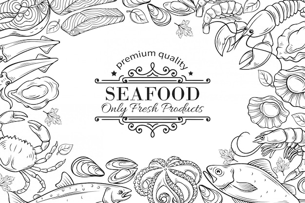 illustrazione disegnata a mano del menu del ristorante dei frutti di mare.