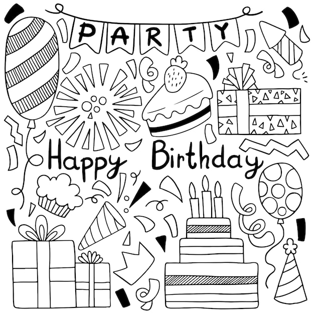 illustrazione disegnata a mano del modello del fondo degli ornamenti di buon compleanno di scarabocchio del partito