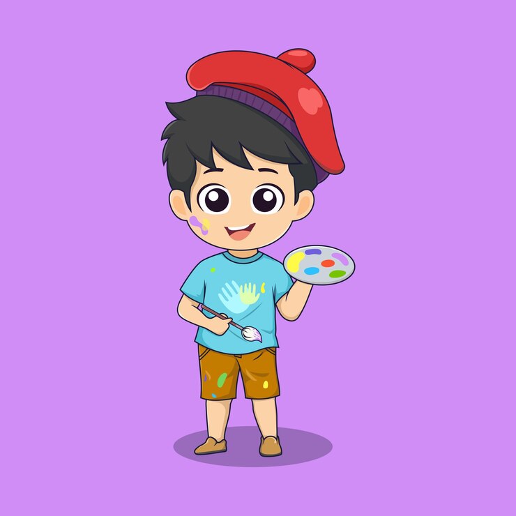 Illustrazione disegnata a mano del personaggio dei cartoni animati della tavolozza della tenuta del ragazzo sveglio del bambino