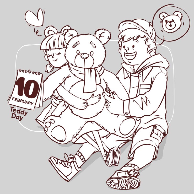 Illustrazione disegnata a mano del profilo del regalo di datazione delle coppie romantiche allegre dell'amore super carino di Teddy day line art