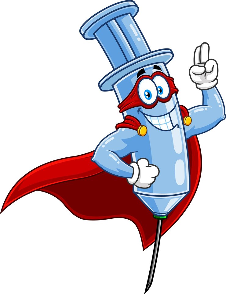 Vettore illustrazione disegnata a mano del vettore del personaggio dei cartoni animati del vaccino della siringa del supereroe