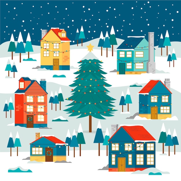 Illustrazione disegnata a mano del villaggio di natale piatto