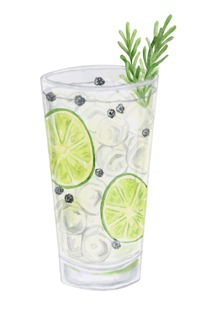 Illustrazione disegnata a mano dell'acquerello del cocktail Gin Tonic Bere clipart su sfondo bianco