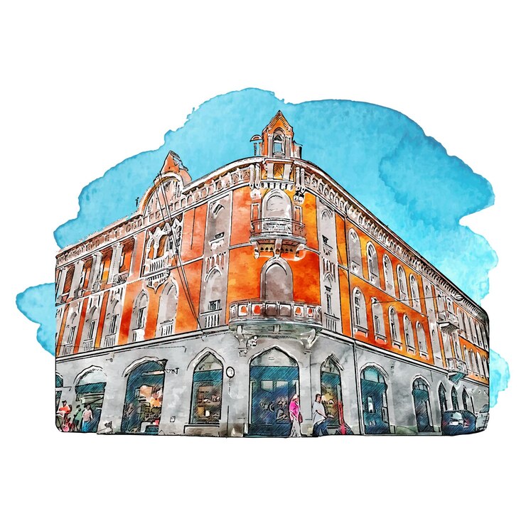 Vettore illustrazione disegnata a mano dell'acquerello di oradea romania isolata su priorità bassa bianca