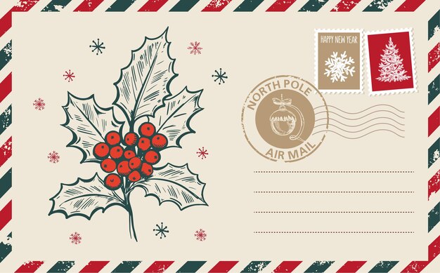 Illustrazione disegnata a mano della cartolina della posta di Natale