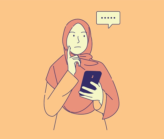 Illustrazione disegnata a mano della donna abbastanza musulmana che tiene il telefono pensando a come rispondere alla chat.