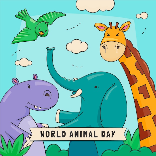 Illustrazione disegnata a mano della giornata mondiale degli animali con gli animali
