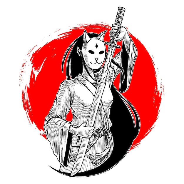 Illustrazione disegnata a mano della ragazza mascherata del samurai