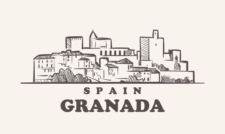 Vettore illustrazione disegnata a mano della spagna di schizzo di paesaggio urbano di granada