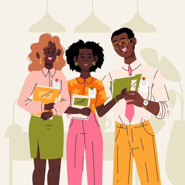 Illustrazione disegnata a mano della squadra di persone nere felici