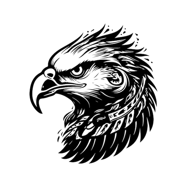 Illustrazione disegnata a mano di colore bianco e nero di concetto di arte di linea di logo dell'annata del guerriero dell'Aquila