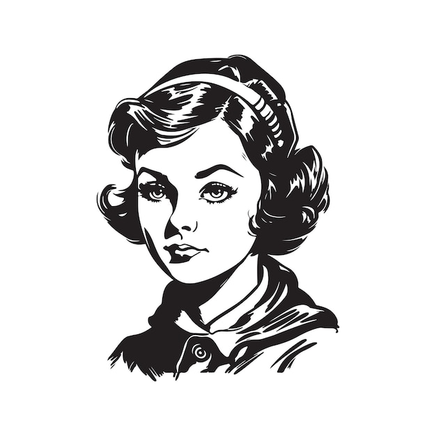 Illustrazione disegnata a mano di colore bianco e nero di concetto di arte linea logo vintage giovane ragazza