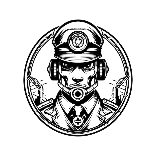 Illustrazione disegnata a mano di colore bianco e nero di concetto di arte linea logo vintage medico cyborg
