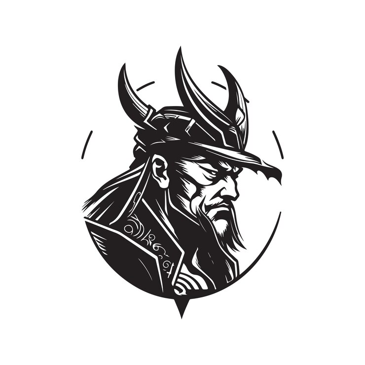 Vettore illustrazione disegnata a mano di colore bianco e nero di concetto di logo del guerriero samurai giapponese