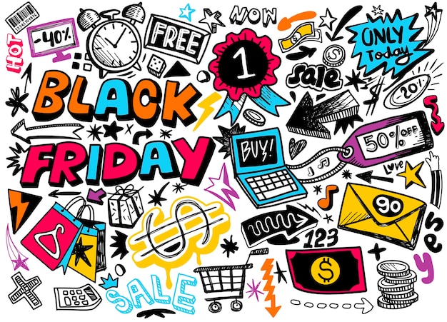 Illustrazione disegnata a mano di concetto di vendita di Black Friday. Fondo di elementi e simboli di scritte e scarabocchi della mano di vendita di Black Friday.