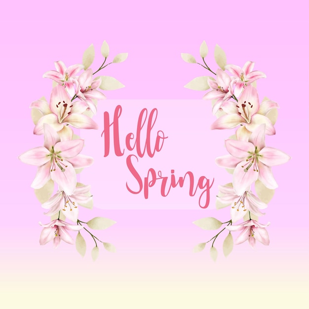 illustrazione disegnata a mano di fiori rosa con la tipografia di hello spring