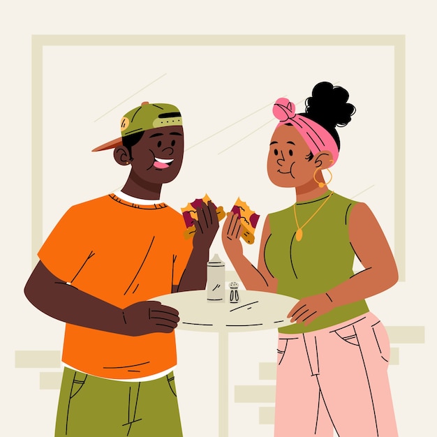 Illustrazione disegnata a mano di neri felici che mangiano