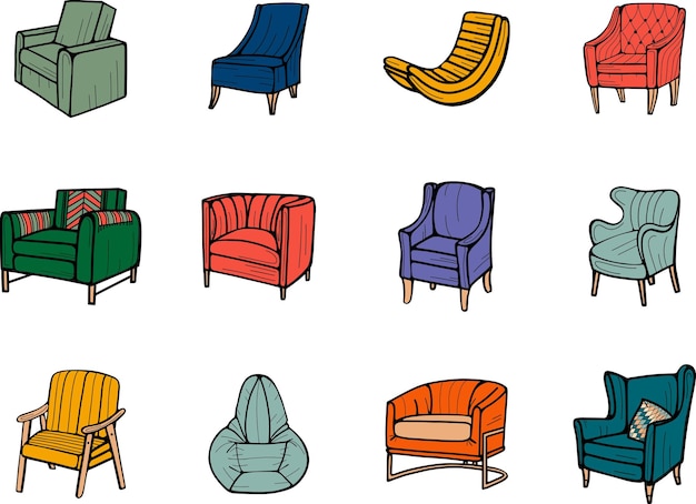 Illustrazione disegnata a mano di poltrone, divani e sedie
