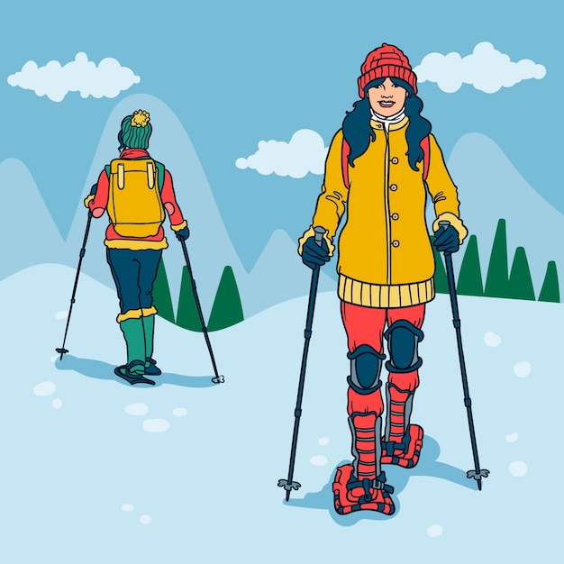 Illustrazione disegnata a mano di racchette da neve