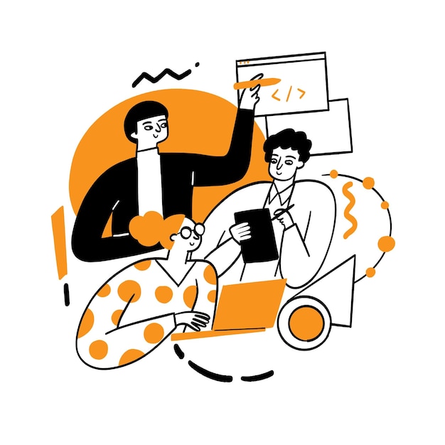 Illustrazione disegnata a mano di tre persone che collaborano a un progetto tecnologico