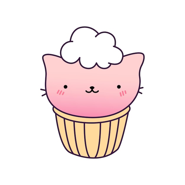Illustrazione disegnata a mano di un cupcake divertente kawaii con orecchie di gatto