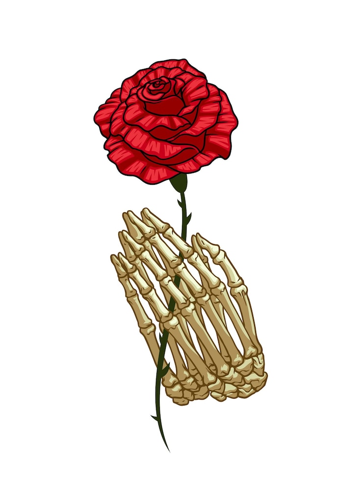 Vettore illustrazione disegnata a mano di una mano d'osso che tiene una rosa rossa