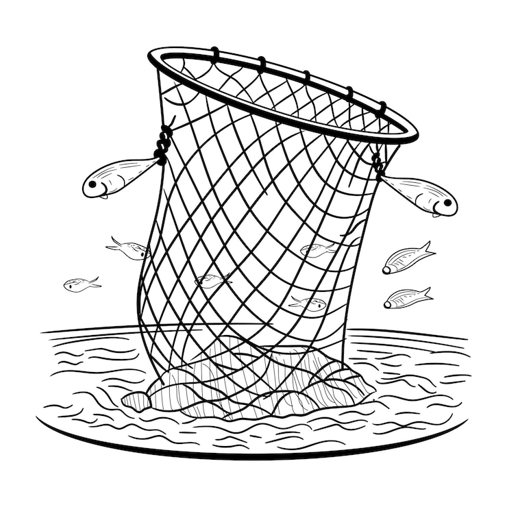 Vettore illustrazione disegnata a mano di una rete da pesca con i pesci catturati