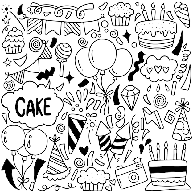 Illustrazione disegnata a mano di vettore del modello del fondo degli ornamenti di buon compleanno di scarabocchio del partito 07-09-065