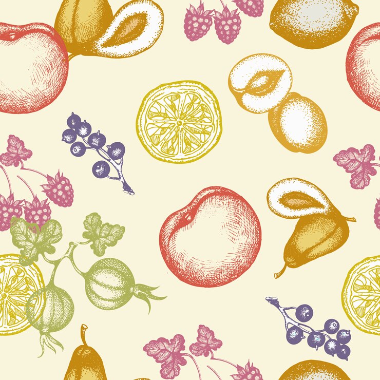 Vettore illustrazione disegnata a mano di vettore dell'inchiostro del modello senza cuciture di frutti