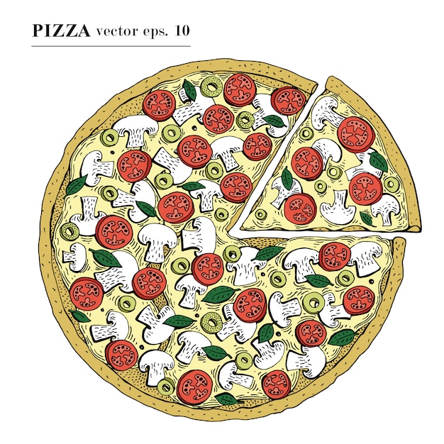 Illustrazione disegnata a mano di vettore della pizza italiana. Può essere utilizzato per pizzeria, caffetteria, negozio, ristorante.