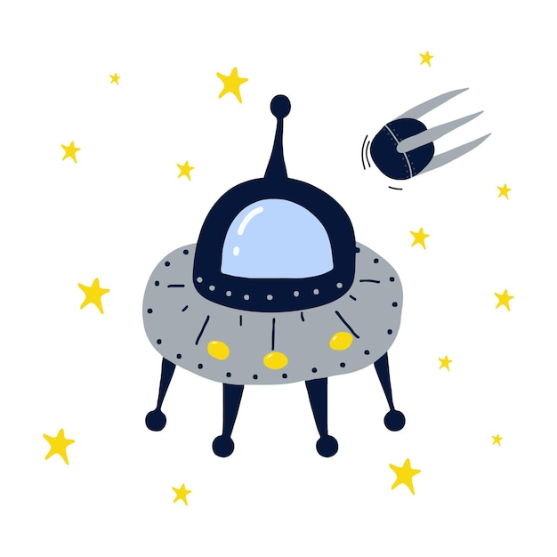 Illustrazione disegnata a mano per bambini di un disco volante tra le stelle UFO concept