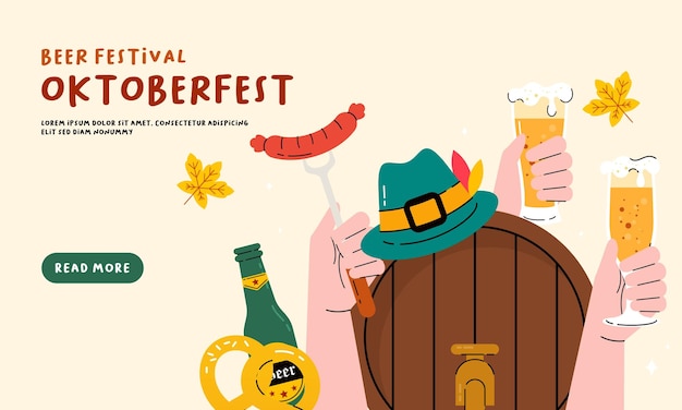Illustrazione disegnata a mano piatta del festival della birra dello sfondo dell'insegna dell'Oktoberfest