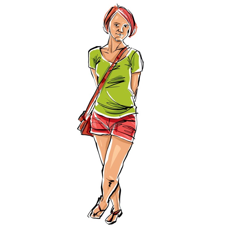 Vettore illustrazione disegnata a mano variopinta di una donna su sfondo bianco, ragazza dai capelli rossi con una borsetta.