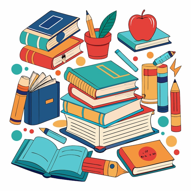 Illustrazione educativa creativa e colorata con libri e materiali scolastici
