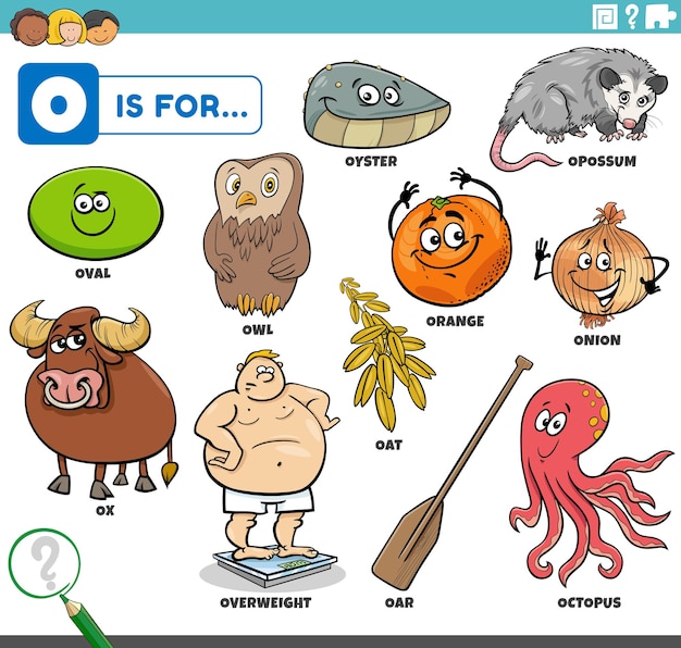 Illustrazione educativa del fumetto con personaggi comici e oggetti impostati per la lettera O