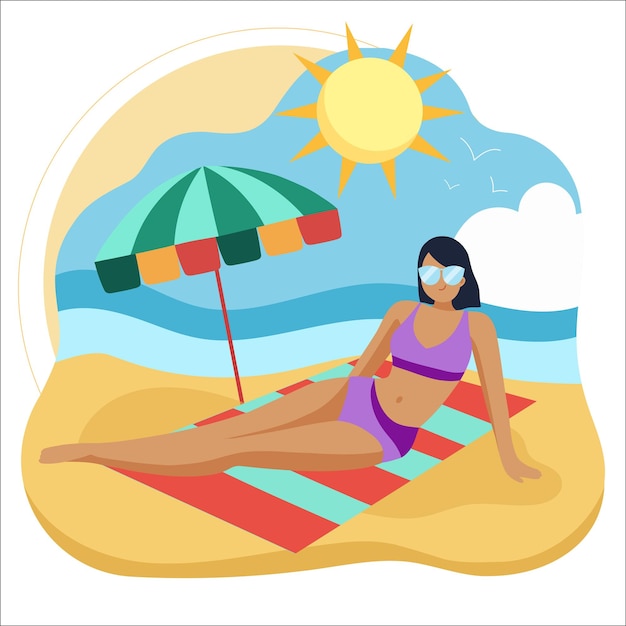 Illustrazione estiva sulla spiaggia Donna che prende il sole sotto l'ombrello MJ026