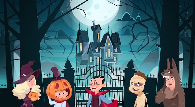 Illustrazione felice di Halloween con i mostri svegli del fumetto che camminano al castello scuro con i fantasmi