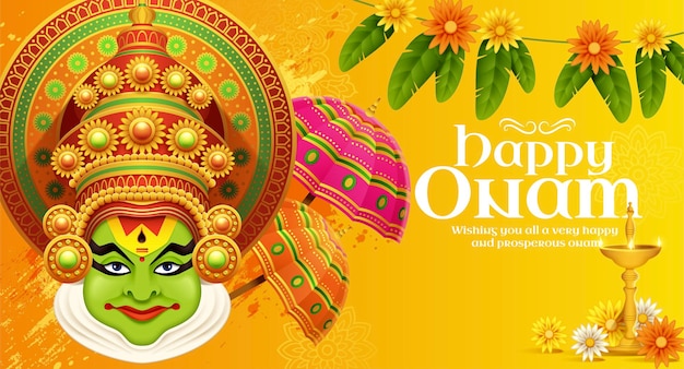 Illustrazione felice di Onam Kathakali con elementi di calendula e ombrello
