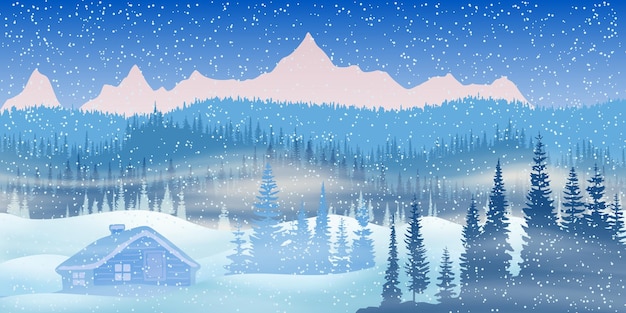 Illustrazione festiva del nuovo anno, paesaggio montano invernale