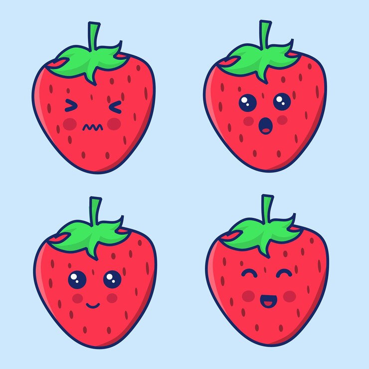 Vettore illustrazione flat strawberry cute character expression emotion collection set