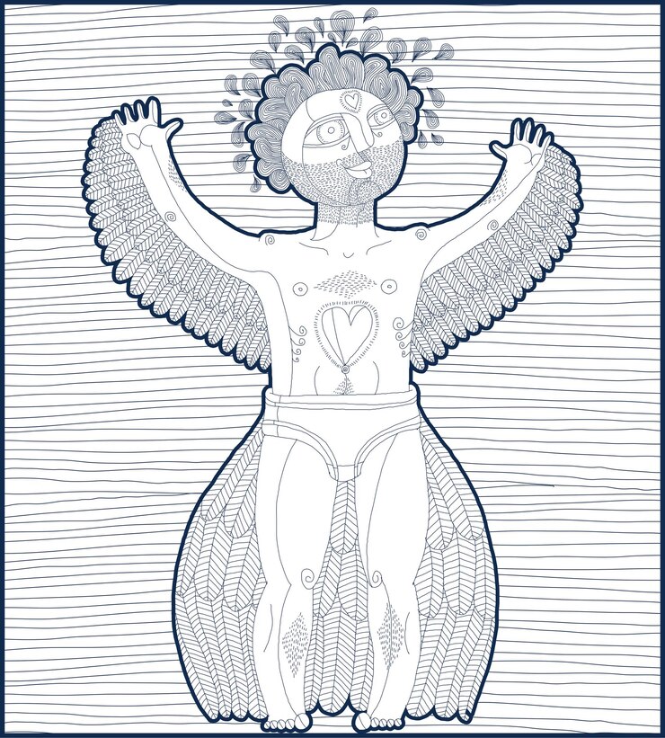 Vettore illustrazione foderata grafica disegnata a mano di vettore di creatura bizzarra, maschio nudo del fumetto con le ali, lato animale dell'essere umano. concetto di idolo, disegno allegorico del tema dell'amore.