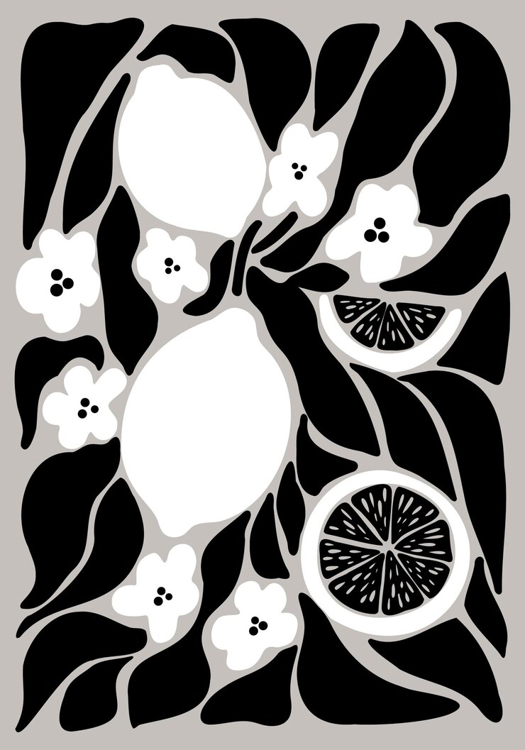 Vettore illustrazione grafica di limoni e fiori in bianco e nero