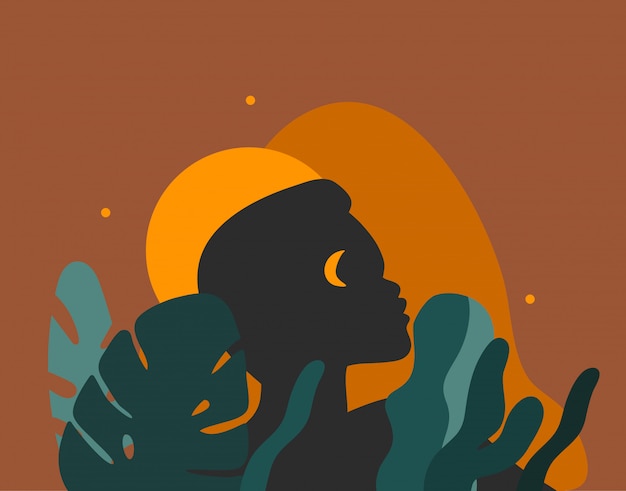 Illustrazione grafica di riserva astratta disegnata a mano con i ritratti della siluetta dei giovani di bellezza, concetto tribale di libertà africano di notte sul fondo di colore.