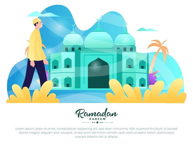 Illustrazione grafica di un uomo musulmano va alla moschea per adorare durante il mese di Ramadan