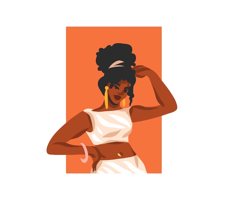 Vettore illustrazione grafica stock astratta vettoriale disegnata a mano con giovane avatar femminile di bellezza afroamericana nero felice isolato su sfondo bianco