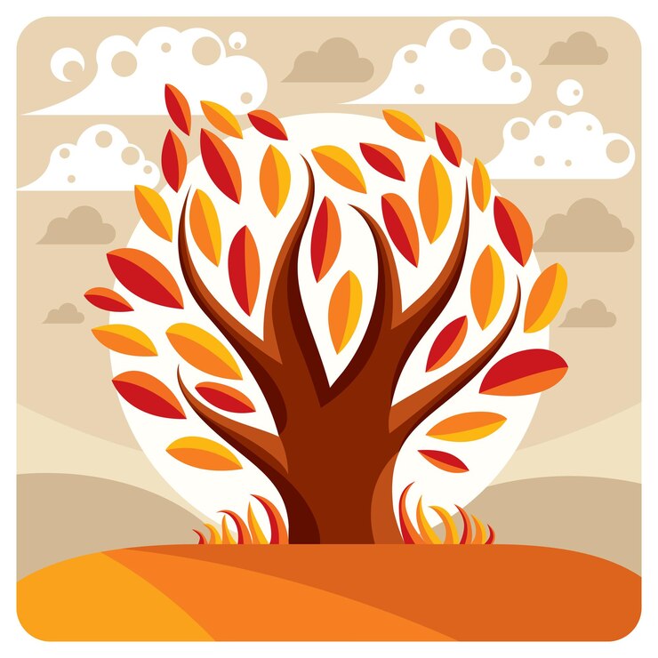 Vettore illustrazione grafica vettoriale d'arte di albero stilizzato e paesaggio tranquillo con nuvole e sole al tramonto, stagione autunnale. può essere utilizzato nel tema dell'ecologia.